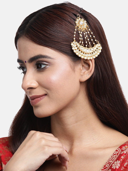 Women Gold-Plated Layered Pearl & Kundan Studded Maang Tikka