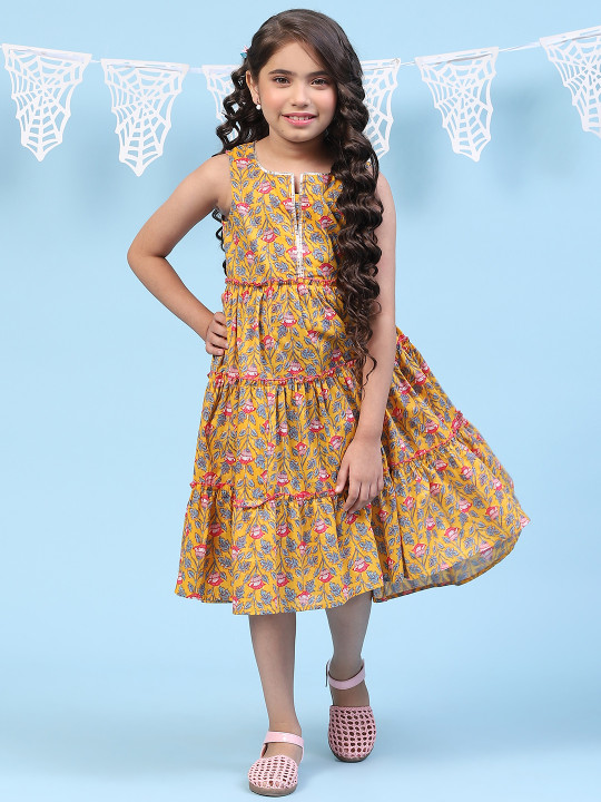 Girls Ethnic Motifs Printed Tiered A-Line Midi Ethnic Dress